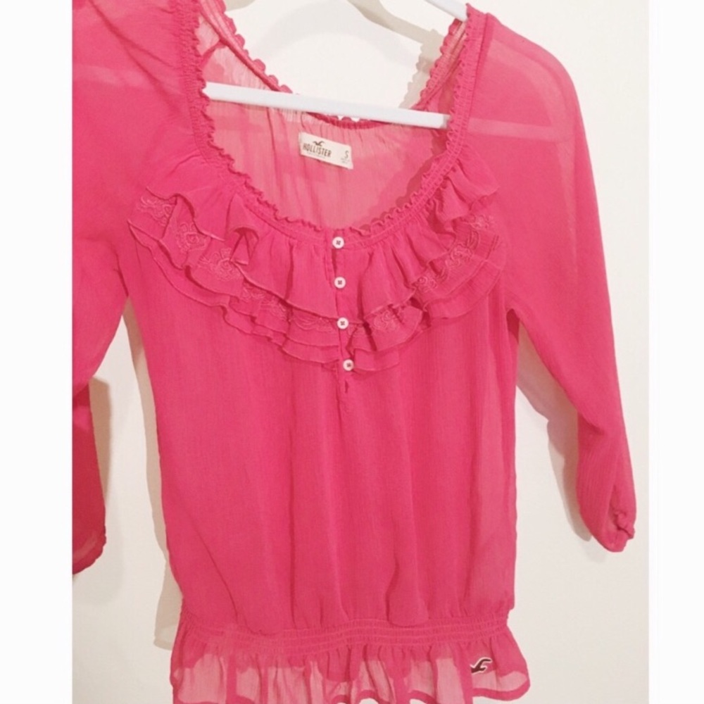 Hollister Pink Ruffle Sheer Boho Peasant Top Small